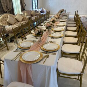 Carla rectangular Table with Gold chivari chairs 20 pax setup