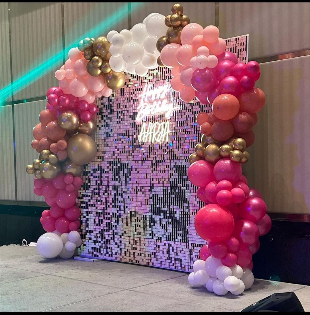 Gold pink birthday decoration 3:3 backdrop Includes neon sign Balloons decoration Pink Shimmer backdrop